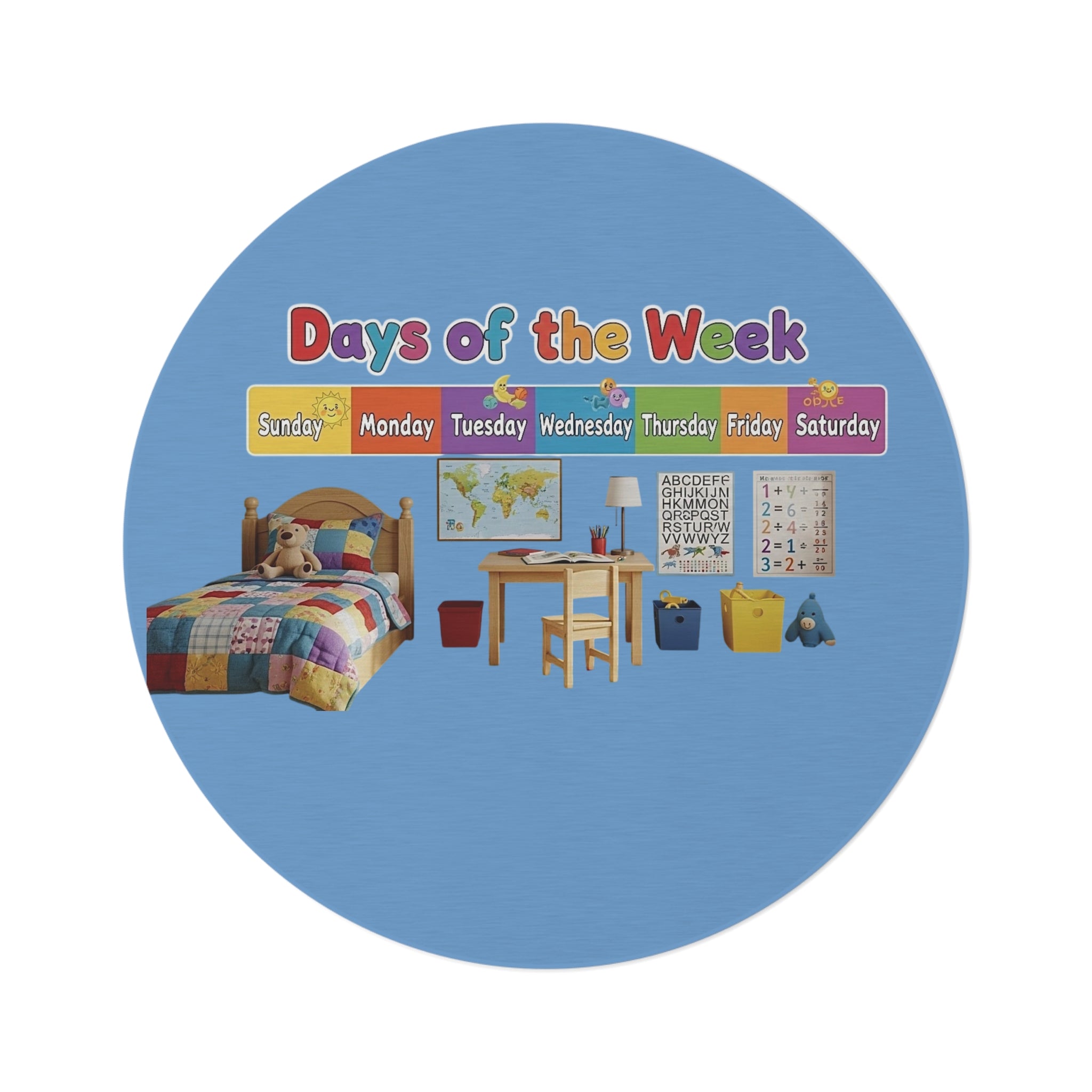 Days of the Week Kids Round Rug. Learning Playroom Mat