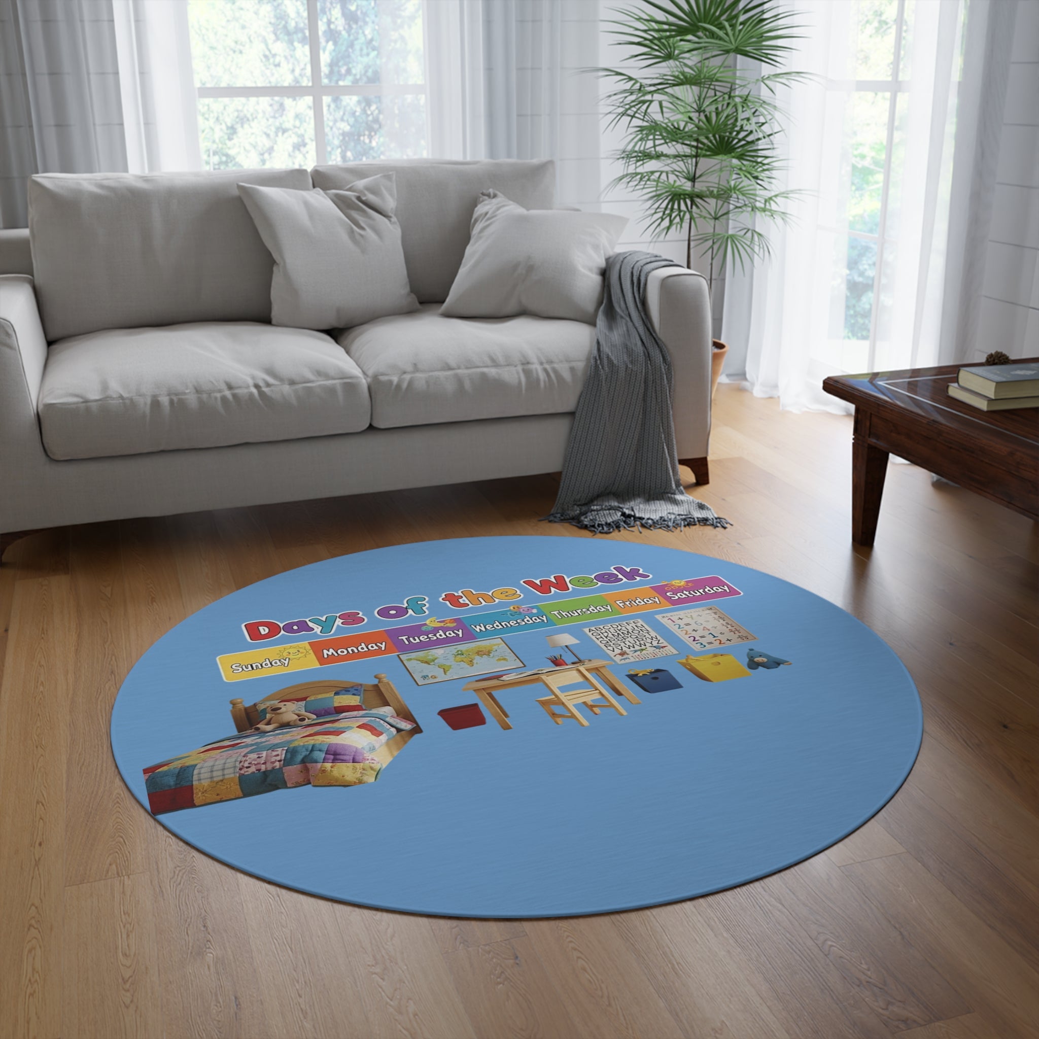 Days of the Week Kids Round Rug. Learning Playroom Mat