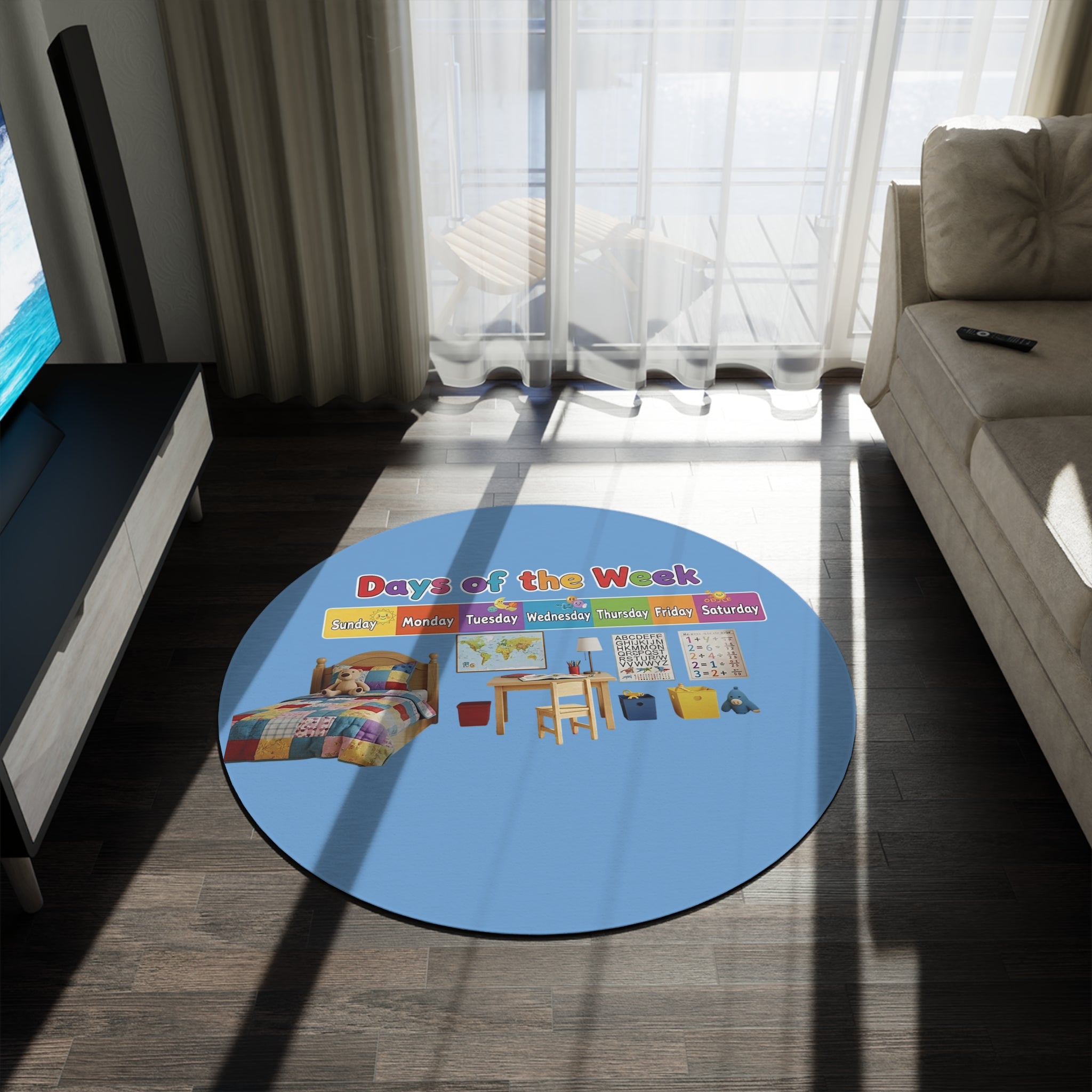Days of the Week Kids Round Rug. Learning Playroom Mat